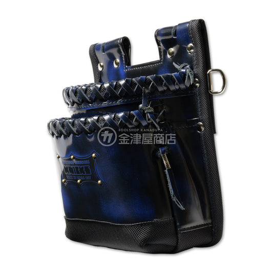 ニックス(KNICKS) 鳶職向仕様ツーウェイタイプアドバンガラス革2段腰袋 底・縁補強タイプ ADV-201TB-BL 追加カスタム ガラス紐W巻2段+ガラス紐サイド巻+スタッズ6点打ち-