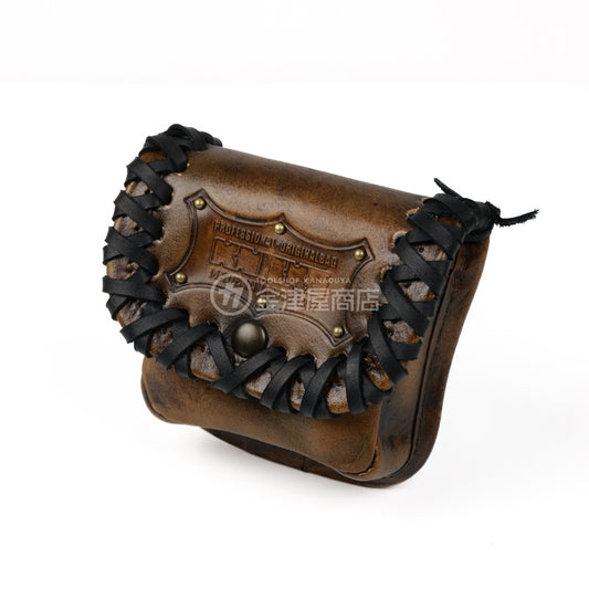 ニックス(KNICKS) ヌメ革小物ポーチ KNS-100BOX 【ヴィンテージカラー】追加カスタム 黒革紐W巻+スタッズ6点打ち-