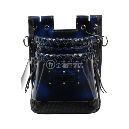 ニックス(KNICKS) 鳶職向仕様ツーウェイタイプアドバンガラス革2段腰袋 底・縁補強タイプ ADV-201TB-BL 追加カスタム ガラス紐W巻2段+ガラス紐サイド巻+スタッズ6点打ち-