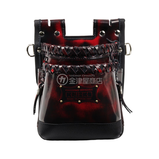 ニックス(KNICKS) 鳶職向仕様ツーウェイタイプアドバンガラス革2段腰袋 底・縁補強タイプ ADV-201TB-R 追加カスタム ガラス紐W巻2段+ガラス紐サイド巻+スタッズ6点打ち-