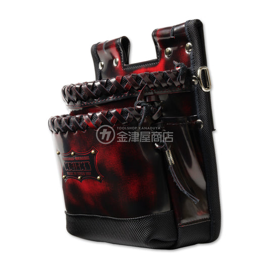 ニックス(KNICKS) 鳶職向仕様ツーウェイタイプアドバンガラス革2段腰袋 底・縁補強タイプ ADV-201TB-R 追加カスタム ガラス紐W巻2段+ガラス紐サイド巻+スタッズ6点打ち-
