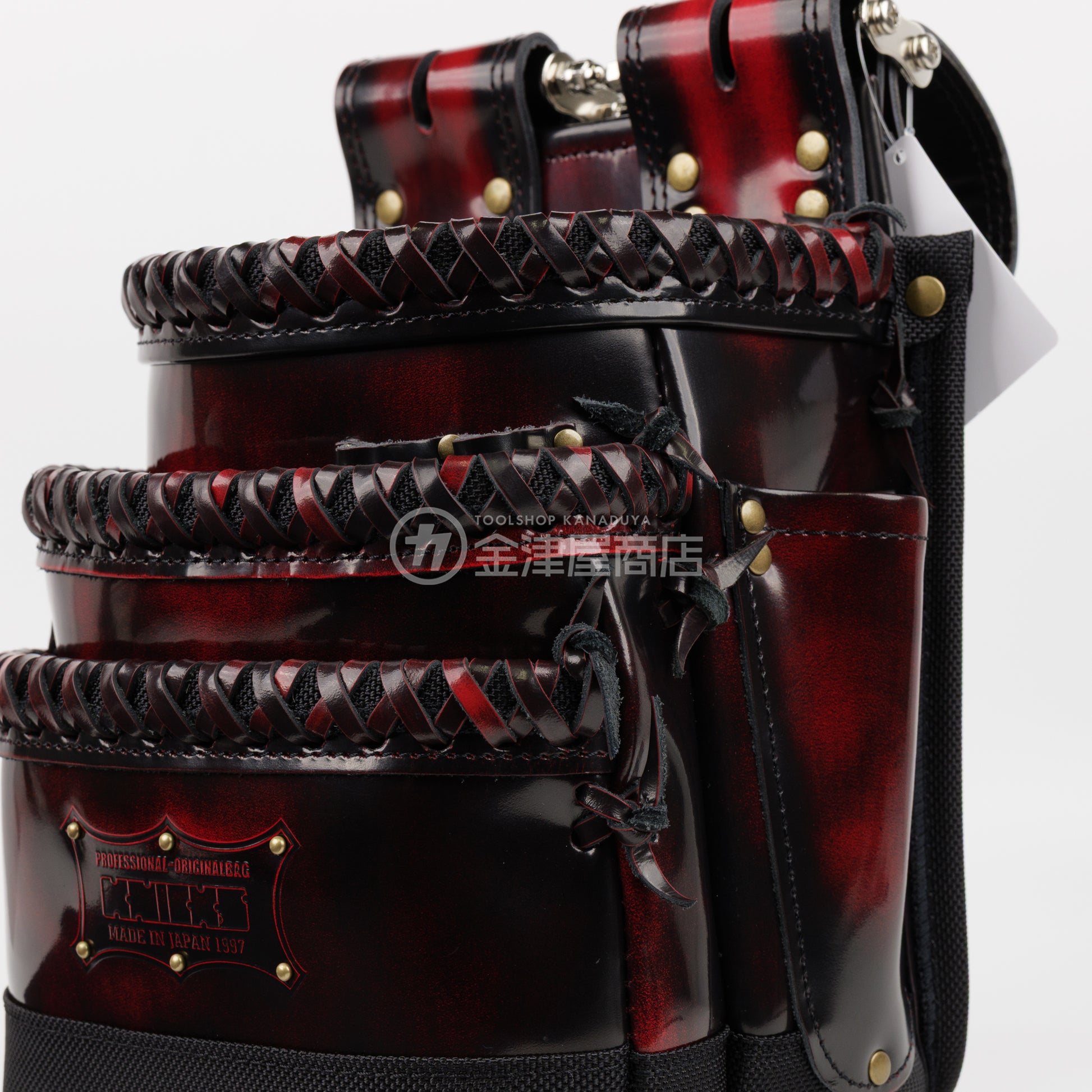 ニックス(KNICKS) アドバンガラス革3段腰袋 底・縁補強タイプ ADV-301DDX-R 追加カスタム ガラス紐W巻3段+スタッズ6点打ち-