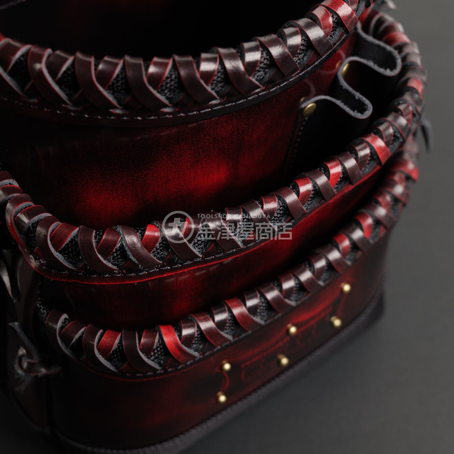 ニックス(KNICKS) アドバンガラス革3段腰袋 底・縁補強タイプ ADV-301DDX-R 追加カスタム ガラス紐W巻3段+スタッズ6点打ち-