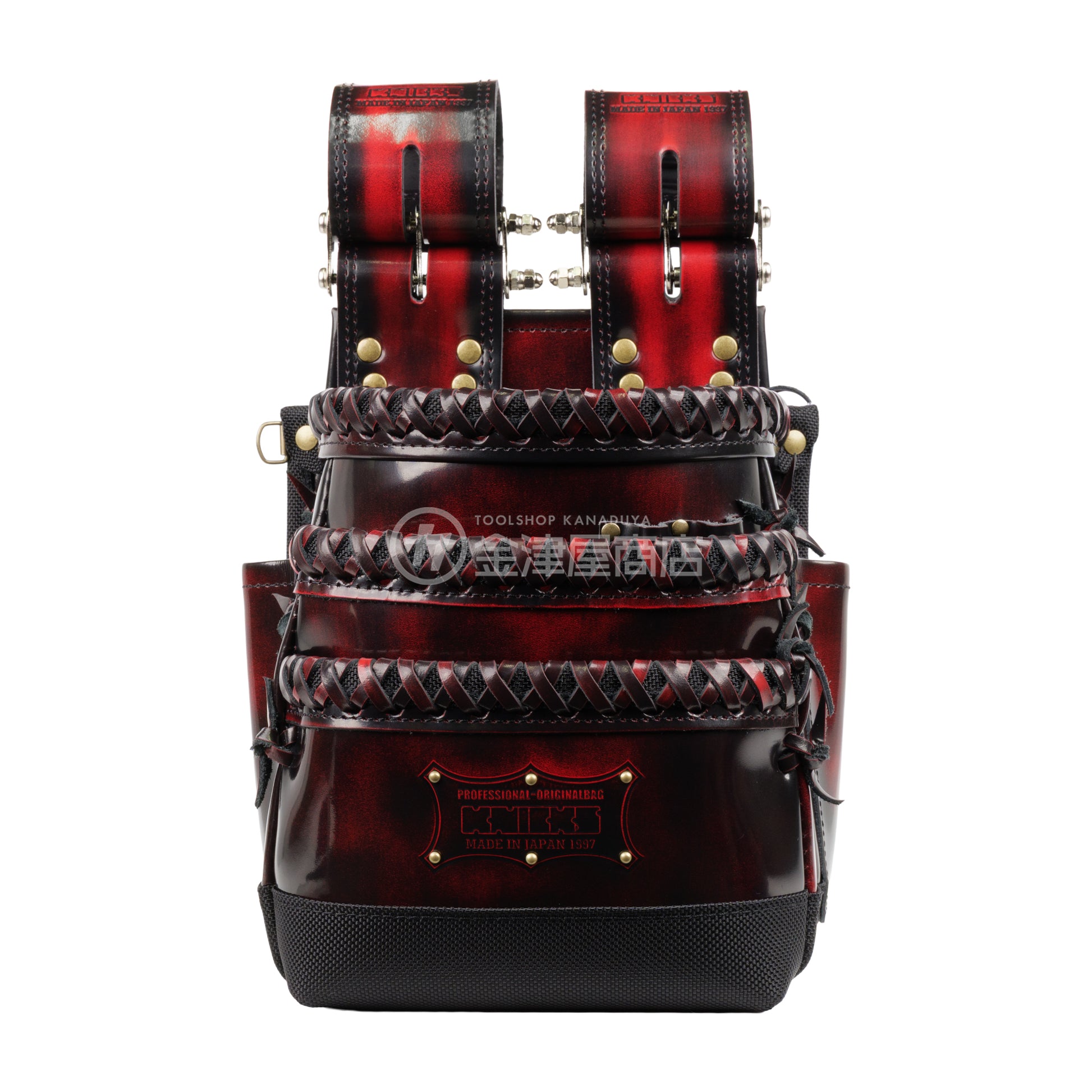 ニックス(KNICKS) アドバンガラス革3段腰袋 底・縁補強タイプ ADV-301DDX-R 追加カスタム ガラス紐W巻3段+スタッズ6点打ち-