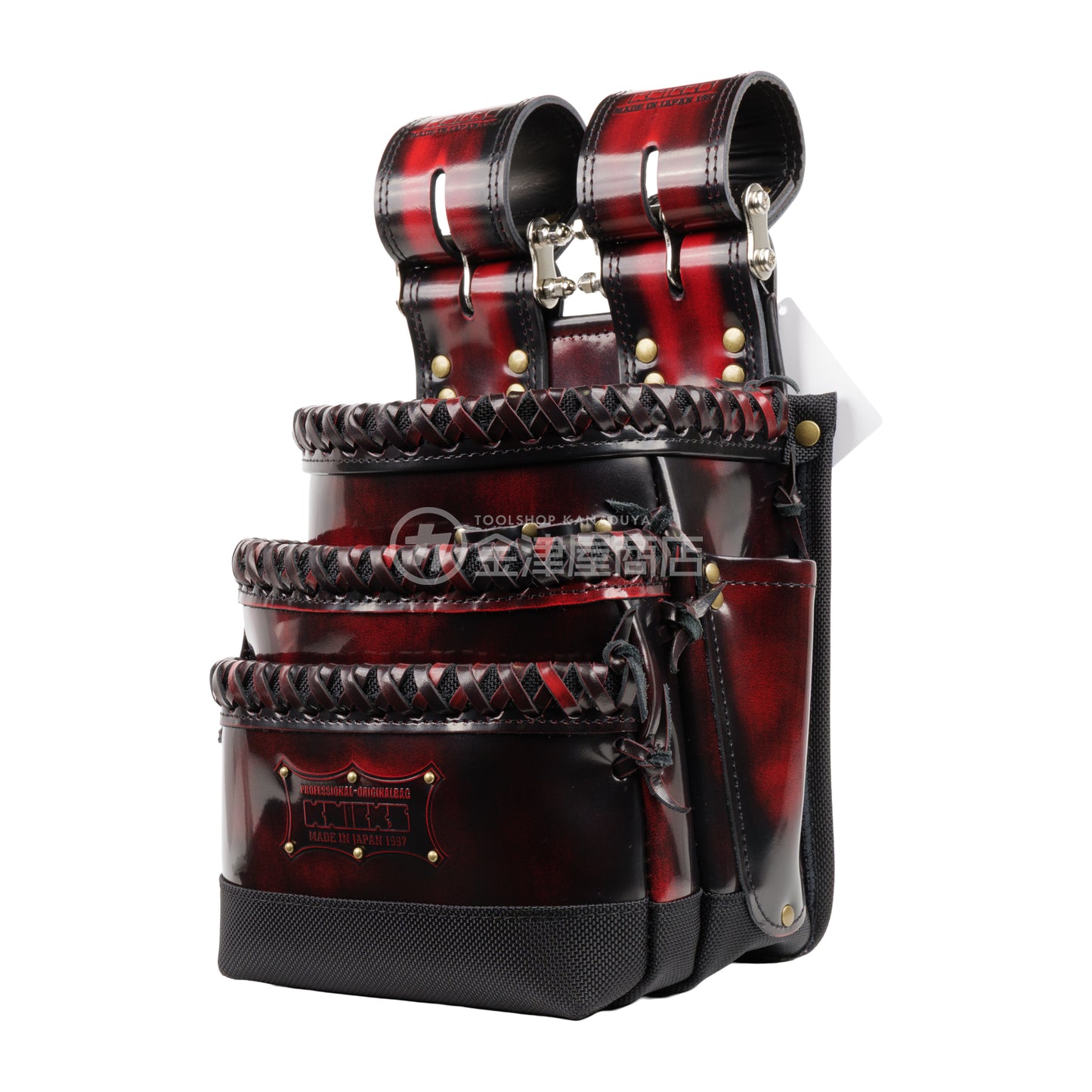 ニックス(KNICKS) アドバンガラス革3段腰袋 底・縁補強タイプ ADV-301DDX-R 追加カスタム ガラス紐W巻3段+スタッズ6点打ち-