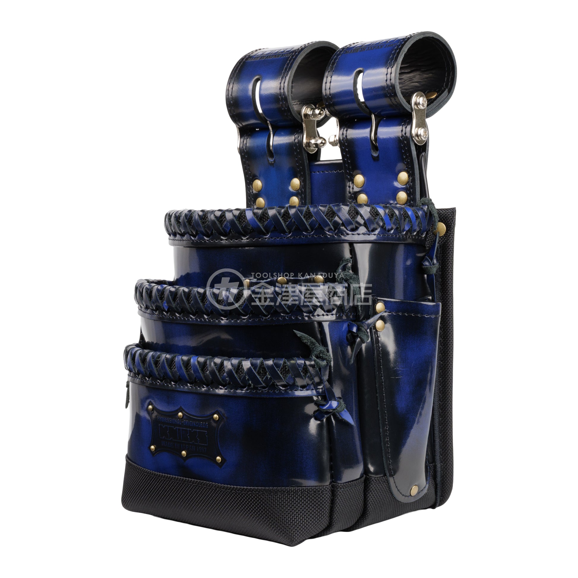 ニックス(KNICKS) アドバンガラス革3段腰袋 底・縁補強タイプ ADV-301DDX 追加カスタム ガラス紐W巻3段+スタッズ6点打ち-