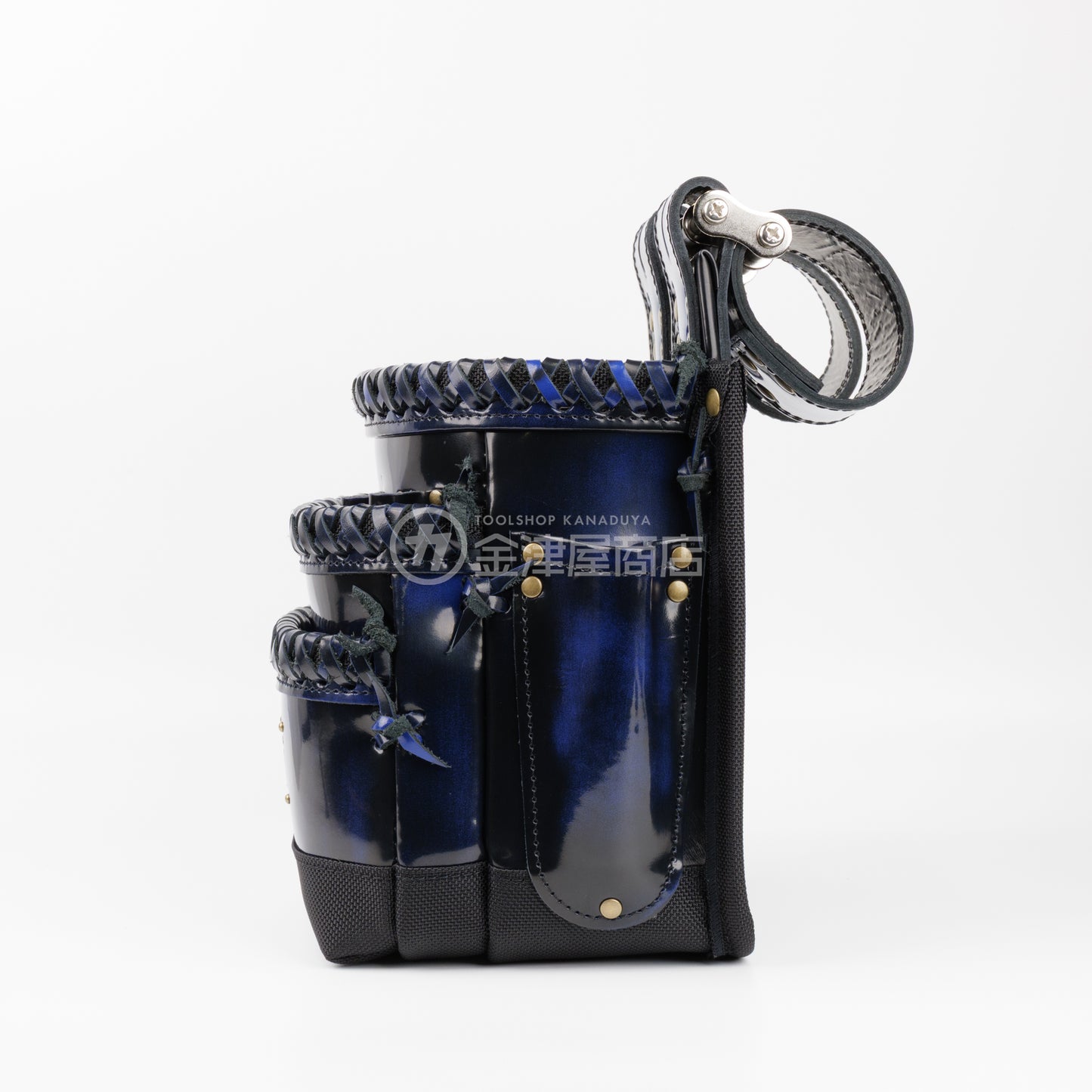 ニックス(KNICKS) アドバンガラス革3段腰袋 底・縁補強タイプ ADV-301DDX 追加カスタム ガラス紐W巻3段+スタッズ6点打ち-