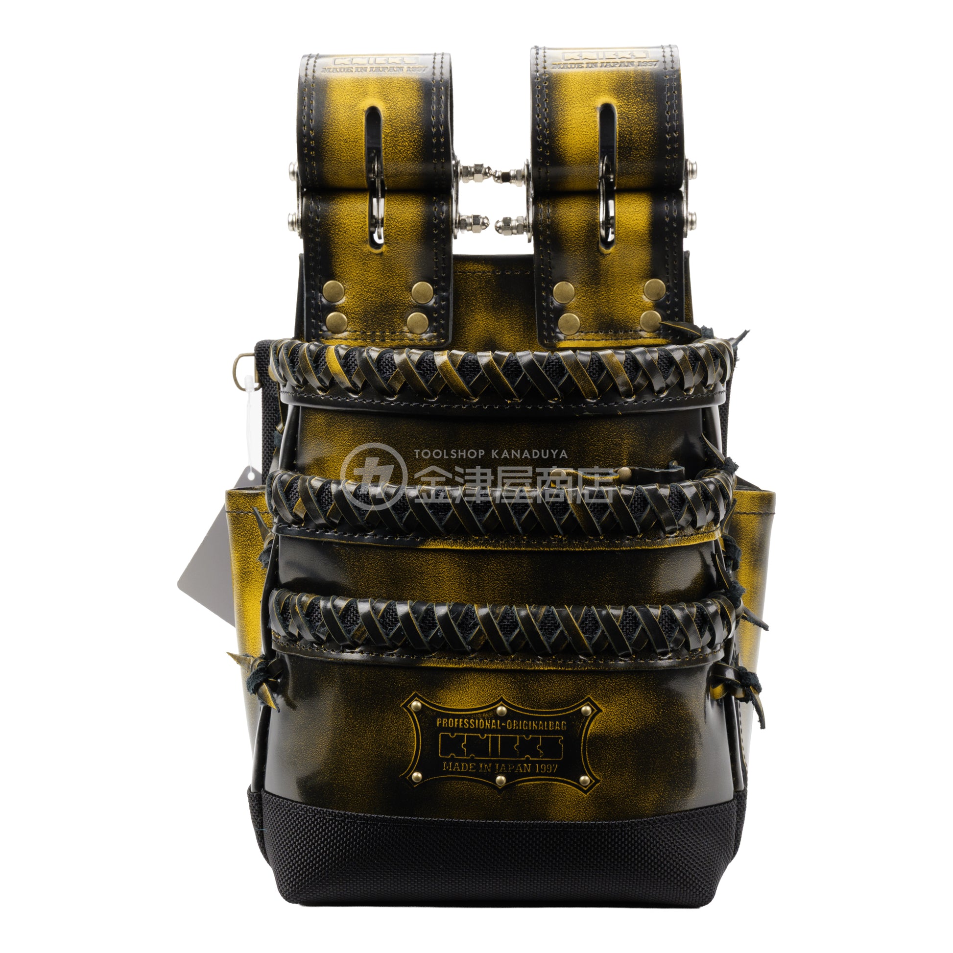 ニックス(KNICKS) アドバンガラス革3段腰袋 底・縁補強タイプ ADV-301DDX-Y 追加カスタム ガラス紐W巻3段+スタッズ6点打ち