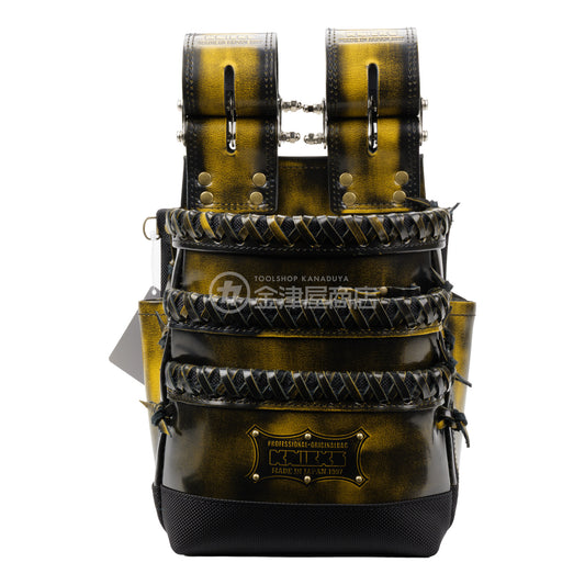 ニックス(KNICKS) アドバンガラス革3段腰袋 底・縁補強タイプ ADV-301DDX-Y 追加カスタム ガラス紐W巻3段+スタッズ6点打ち