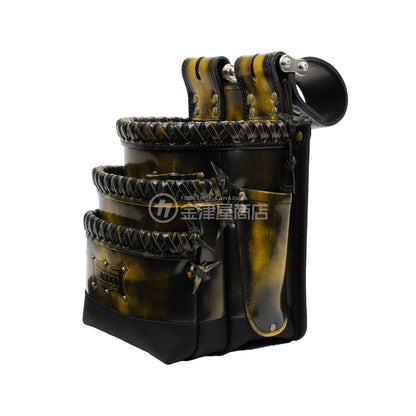 ニックス(KNICKS) アドバンガラス革3段腰袋 底・縁補強タイプ ADV-301DDX-Y 追加カスタム ガラス紐W巻3段+スタッズ6点打ち