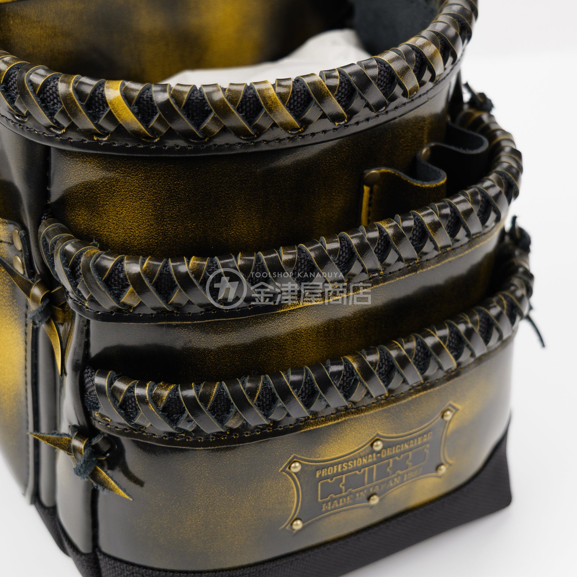 ニックス(KNICKS) アドバンガラス革3段腰袋 底・縁補強タイプ ADV-301DDX-Y 追加カスタム ガラス紐W巻3段+スタッズ6点打ち