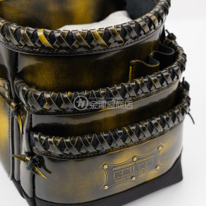 ニックス(KNICKS) アドバンガラス革3段腰袋 底・縁補強タイプ ADV-301DDX-Y 追加カスタム ガラス紐W巻3段+スタッズ6点打ち