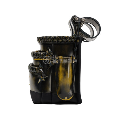 ニックス(KNICKS) アドバンガラス革3段腰袋 底・縁補強タイプ ADV-301DDX-Y 追加カスタム ガラス紐W巻3段+スタッズ6点打ち