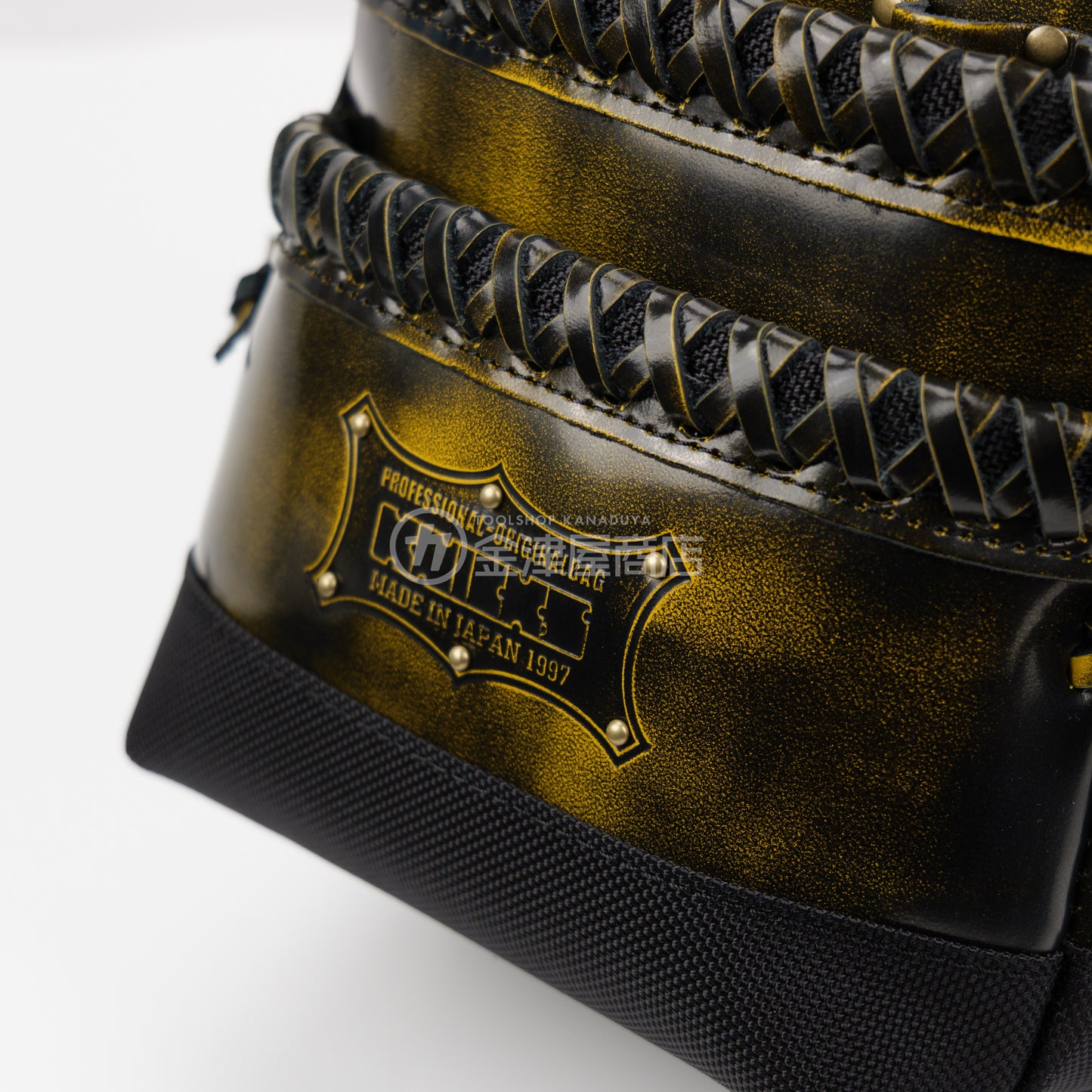 ニックス(KNICKS) アドバンガラス革3段腰袋 底・縁補強タイプ ADV-301DDX-Y 追加カスタム ガラス紐W巻3段+スタッズ6点打ち