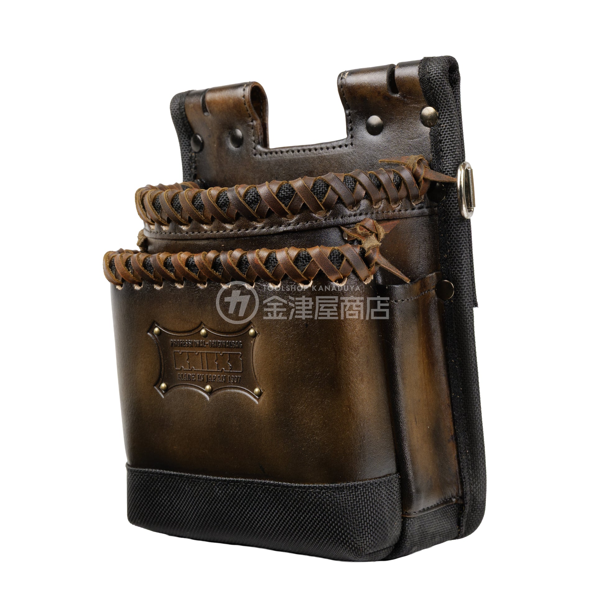 ニックス(KNICKS) 鳶職向仕様ツーウェイタイプヌメ革２段腰袋 底・縁補強タイプ KNS-201TB 【ヴィンテージカラー】VC革紐W巻2段+スタッズ6点打ち