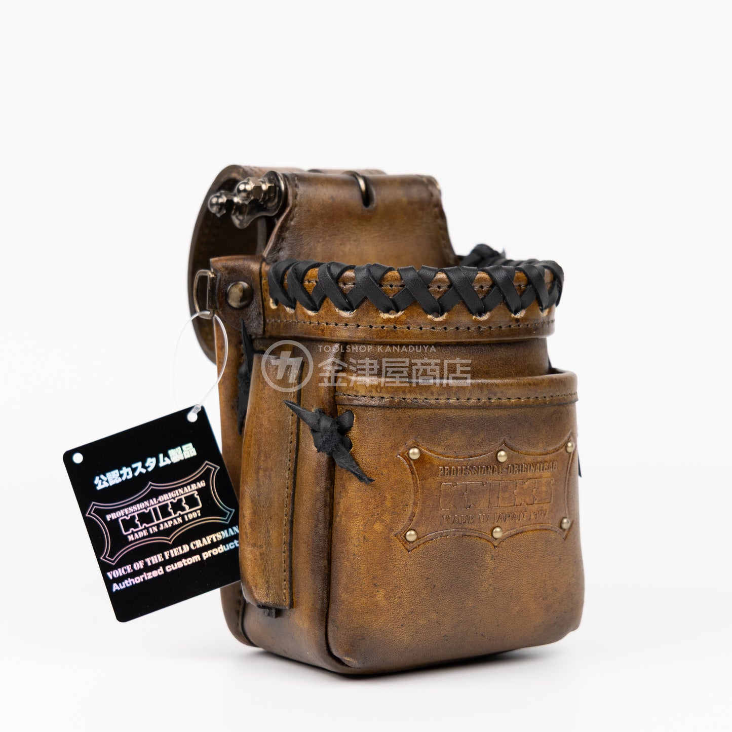 ニックス(KNICKS) 最高級硬式グローブ革チェーンタイプ VA小物腰袋 KGC-201VADX【ヴィンテージカラー】追加カスタム 黒革紐W巻+スタッズ6点打ち-