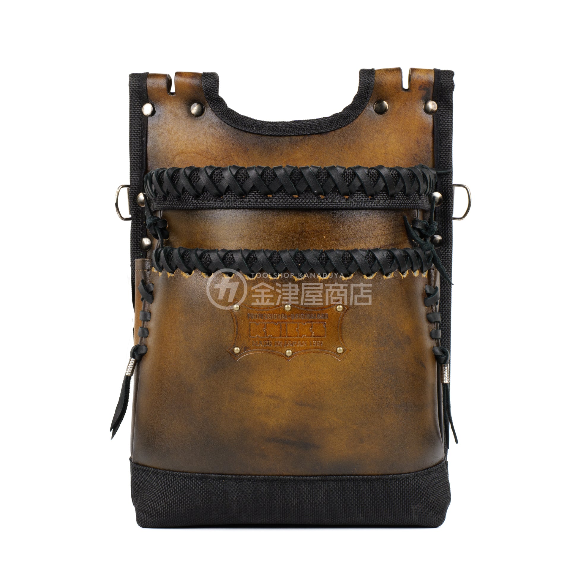 ニックス(KNICKS) グローブ革建築用2段腰袋 底・縁補強タイプ KGC-201BA【ヴィンテージカラー】追加カスタム 黒革紐W巻2段+黒革紐サイド巻+スタッズ6点打ち-