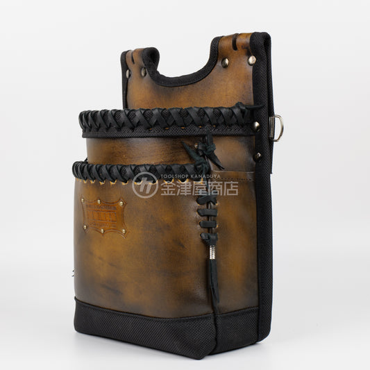 ニックス(KNICKS) グローブ革建築用2段腰袋 底・縁補強タイプ KGC-201BA【ヴィンテージカラー】追加カスタム 黒革紐W巻2段+黒革紐サイド巻+スタッズ6点打ち-