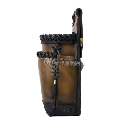 ニックス(KNICKS) グローブ革建築用2段腰袋 底・縁補強タイプ KGC-201BA【ヴィンテージカラー】追加カスタム 黒革紐W巻2段+黒革紐サイド巻+スタッズ6点打ち-