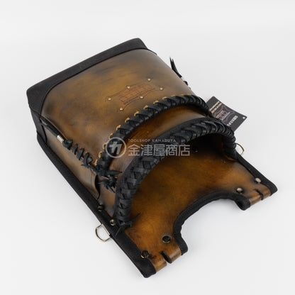 ニックス(KNICKS) グローブ革建築用2段腰袋 底・縁補強タイプ KGC-201BA【ヴィンテージカラー】追加カスタム 黒革紐W巻2段+黒革紐サイド巻+スタッズ6点打ち-