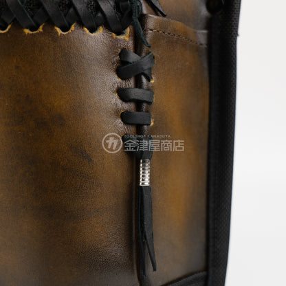 ニックス(KNICKS) グローブ革建築用2段腰袋 底・縁補強タイプ KGC-201BA【ヴィンテージカラー】追加カスタム 黒革紐W巻2段+黒革紐サイド巻+スタッズ6点打ち-