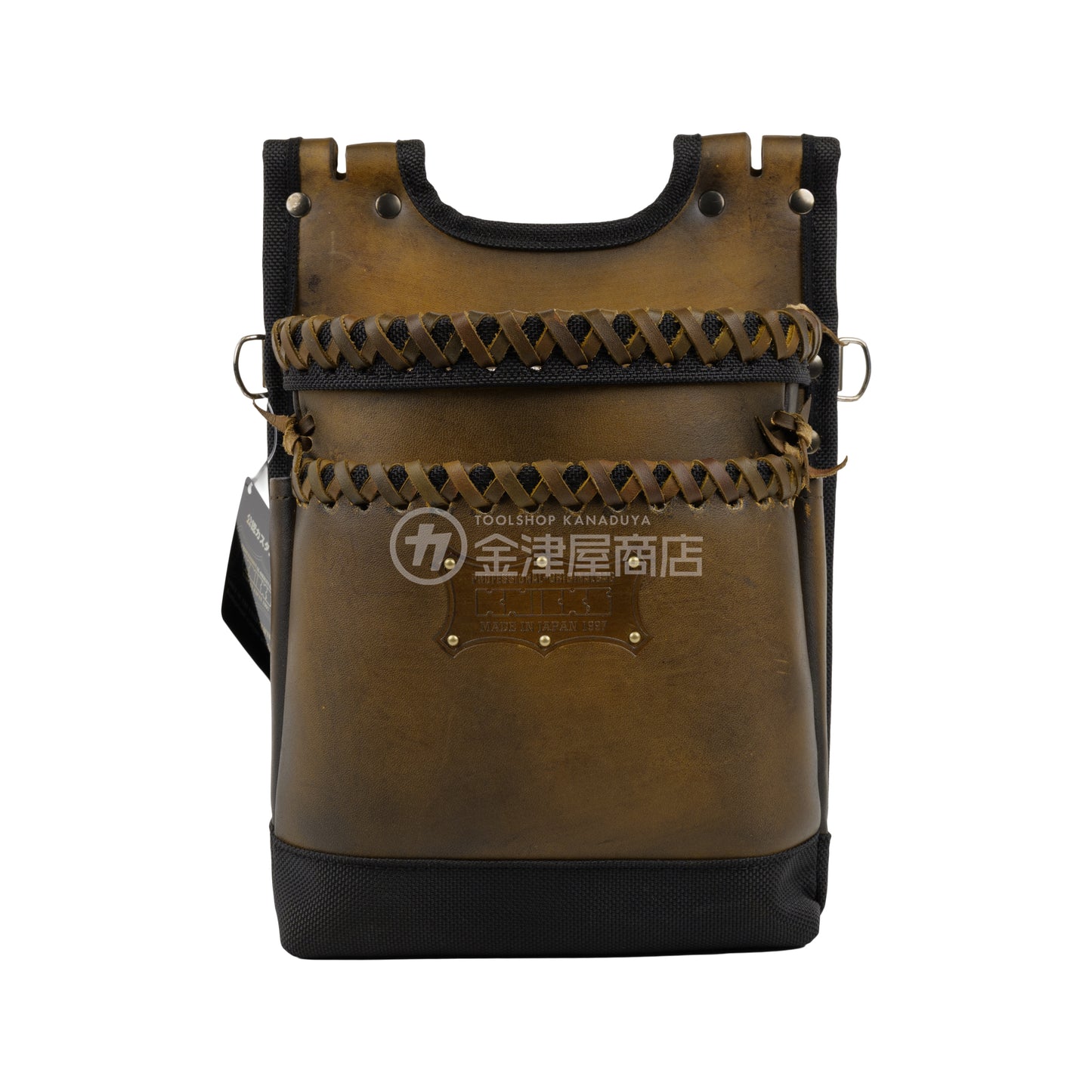 ニックス(KNICKS) グローブ革建築用2段腰袋 底・縁補強タイプ KGC-201BA【ヴィンテージカラー】追加カスタム VC革紐W巻2段+スタッズ6点打ち-