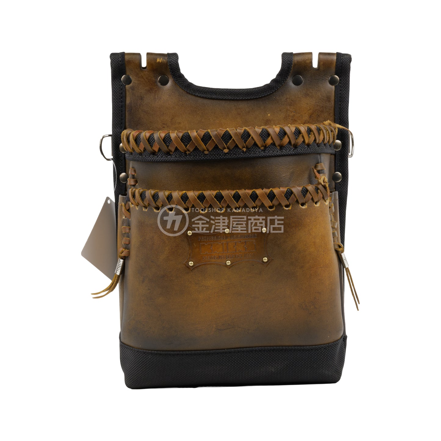 ニックス(KNICKS) グローブ革建築用2段腰袋 底・縁補強タイプ KGC-201BA【ヴィンテージカラー】追加カスタム VC革紐W巻2段+VC革紐サイド巻+スタッズ6点打ち-