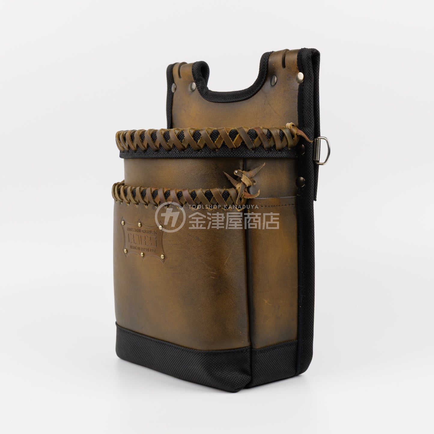 ニックス(KNICKS) グローブ革建築用2段腰袋 底・縁補強タイプ KGC-201BA【ヴィンテージカラー】追加カスタム VC革紐W巻2段+スタッズ6点打ち-