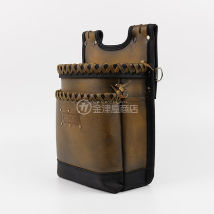 ニックス(KNICKS) グローブ革建築用2段腰袋 底・縁補強タイプ KGC-201BA【ヴィンテージカラー】追加カスタム VC革紐W巻2段+スタッズ6点打ち-