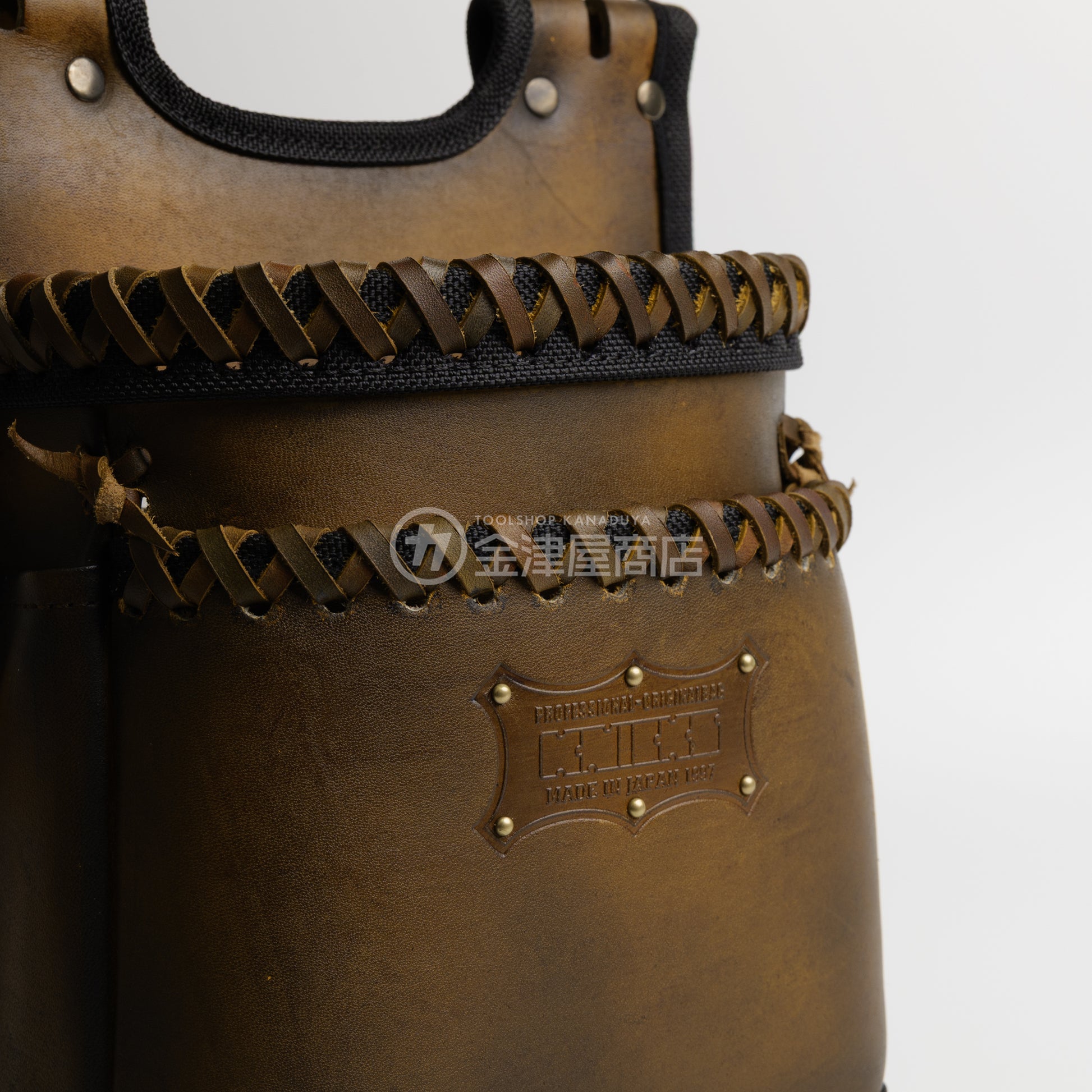 ニックス(KNICKS) グローブ革建築用2段腰袋 底・縁補強タイプ KGC-201BA【ヴィンテージカラー】追加カスタム VC革紐W巻2段+スタッズ6点打ち-