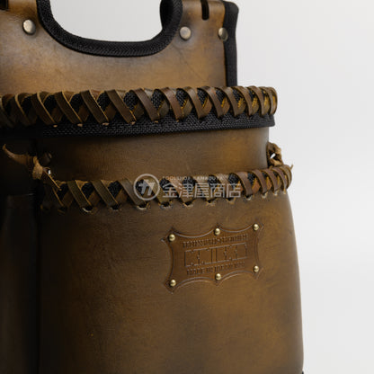 ニックス(KNICKS) グローブ革建築用2段腰袋 底・縁補強タイプ KGC-201BA【ヴィンテージカラー】追加カスタム VC革紐W巻2段+スタッズ6点打ち-