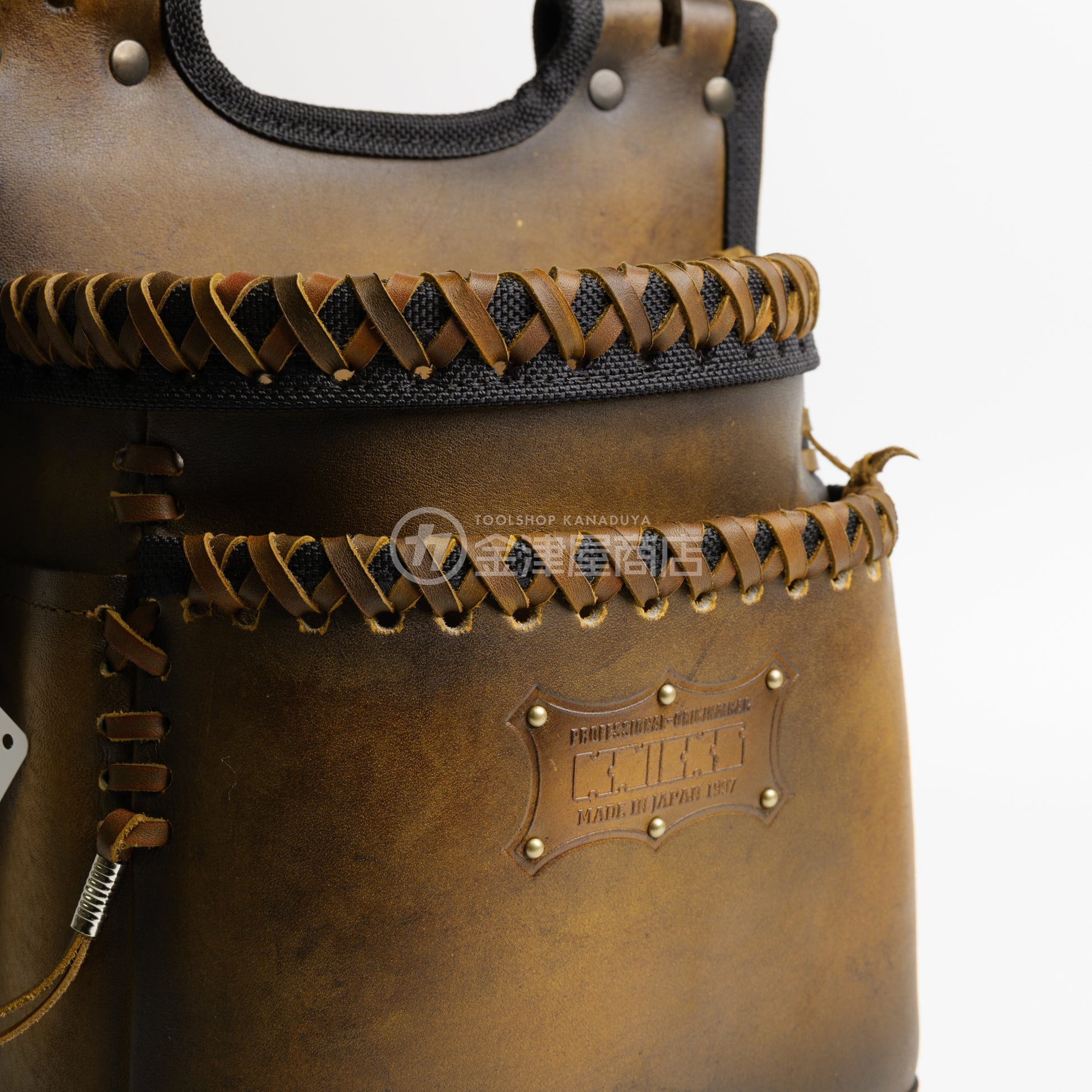 ニックス(KNICKS) グローブ革建築用2段腰袋 底・縁補強タイプ KGC-201BA【ヴィンテージカラー】追加カスタム VC革紐W巻2段+VC革紐サイド巻+スタッズ6点打ち-