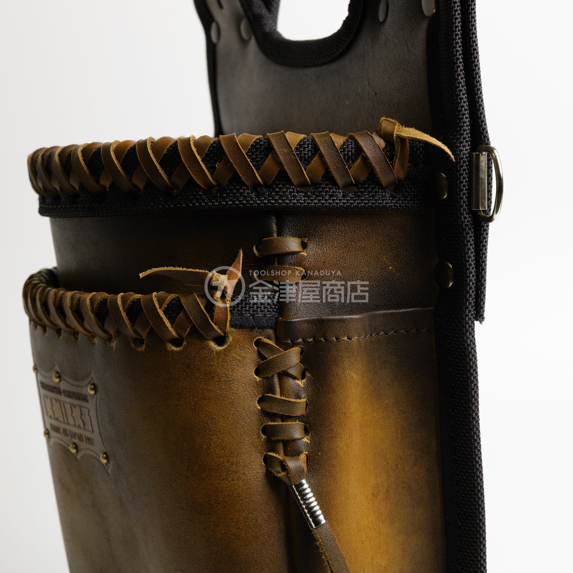 ニックス(KNICKS) グローブ革建築用2段腰袋 底・縁補強タイプ KGC-201BA【ヴィンテージカラー】追加カスタム VC革紐W巻2段+VC革紐サイド巻+スタッズ6点打ち-