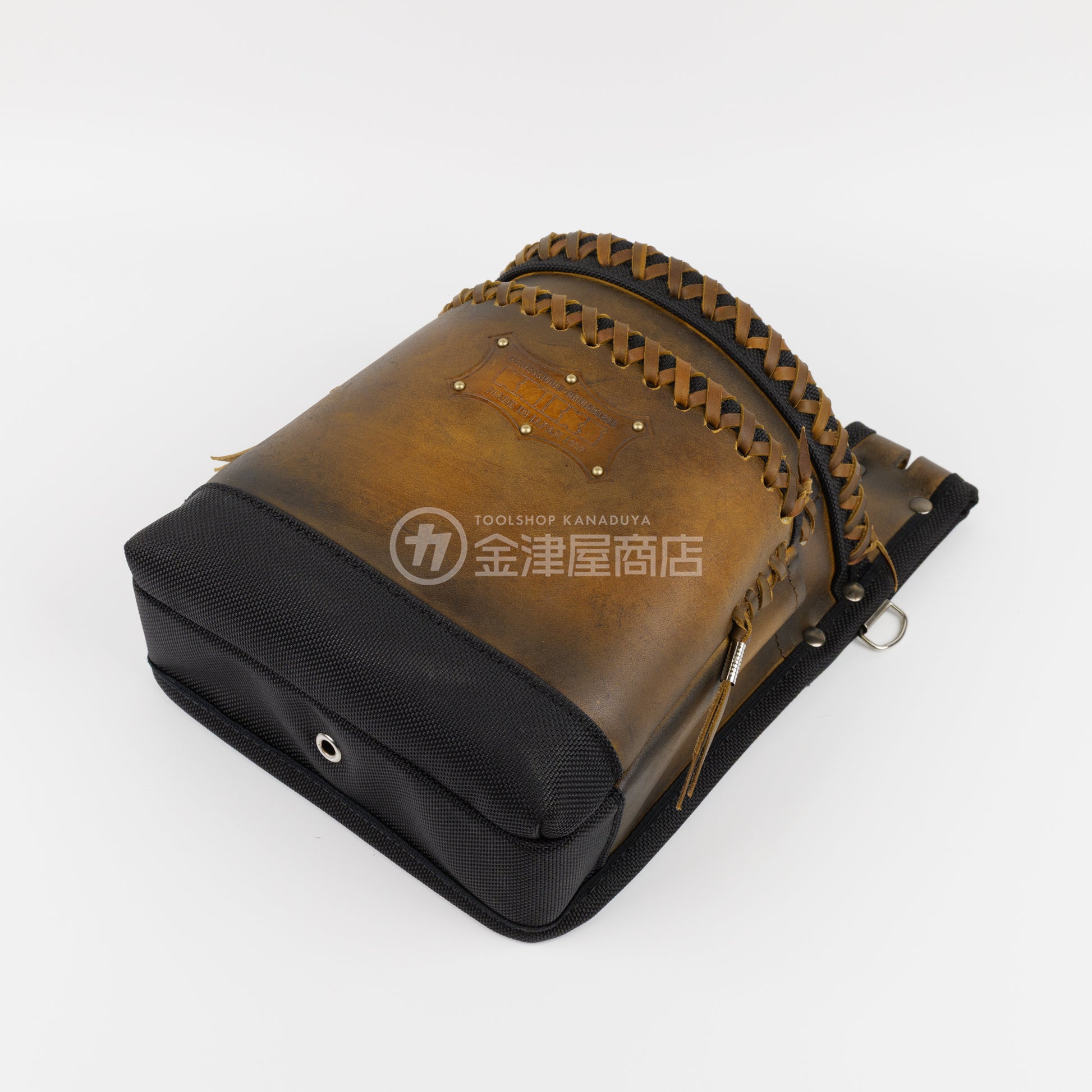ニックス(KNICKS) グローブ革建築用2段腰袋 底・縁補強タイプ KGC-201BA【ヴィンテージカラー】追加カスタム VC革紐W巻2段+VC革紐サイド巻+スタッズ6点打ち-