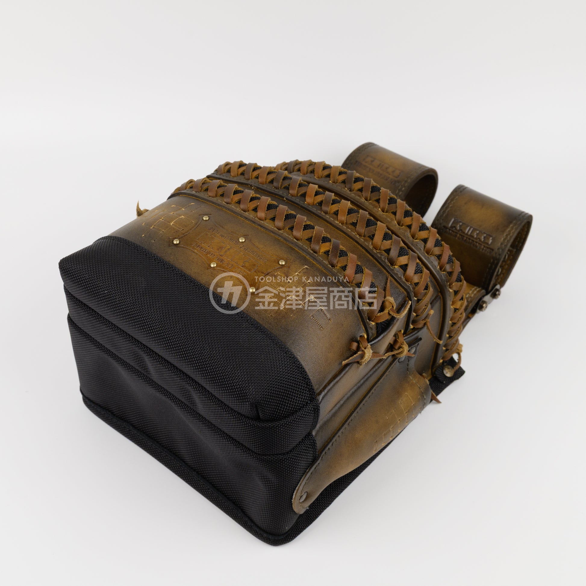 ニックス(KNICKS) 最高級硬式グローブ革3段腰袋チェーンタイプ バリスティック補強仕上げ KGC-301DDX【ヴィンテージカラー】追加カスタム VC革紐W巻3段+カービング6箇所+スタッズ6点打ち-